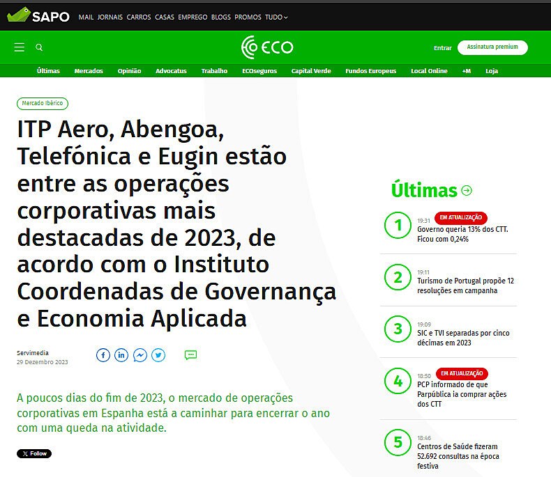 ITP Aero, Abengoa, Telefnica e Eugin esto entre as operaes corporativas mais destacadas de 2023, de acordo com o Instituto Coordenadas de Governana e Economia Aplicada